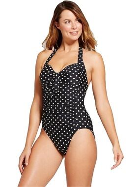 Merona Black Polka Dot Halter One Piece Swimsuit - S
